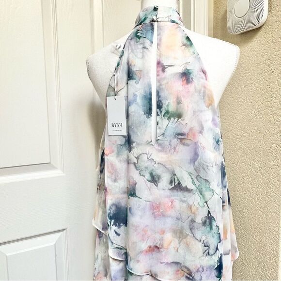MISA Victorine Floral High-Low Maxi Chiffon Dress in Abstract Watercolor XS NEW - Picture 8 of 11